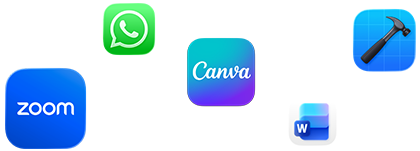 Ikony různých aplikací včetně Zoomu, WhatsAppu, Canvy, Microsoft Wordu a Xcodu