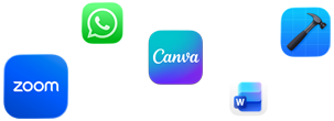 Ikony různých aplikací včetně Zoomu, WhatsAppu, Canvy, Microsoft Wordu a Xcodu